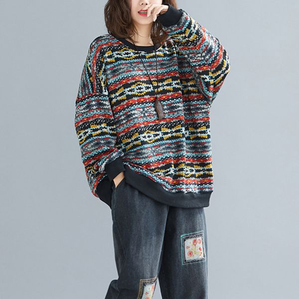 

johnature women striped pullover sweatshirts korean style spring o-neck long sleeve warm loose women casual sweatshirts 210521, Black