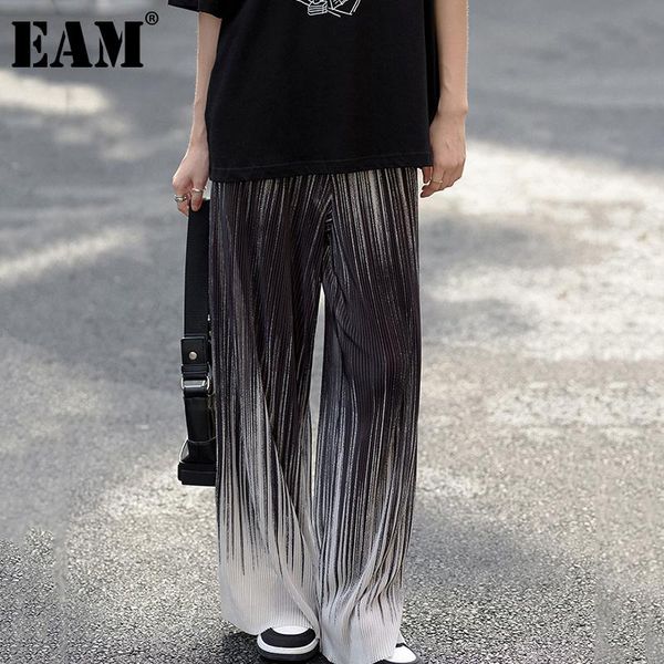

women's pants & capris [eam] high elastic waist gradual color pleated long trousers loose fit women fashion tide spring summer 2021 1de, Black;white