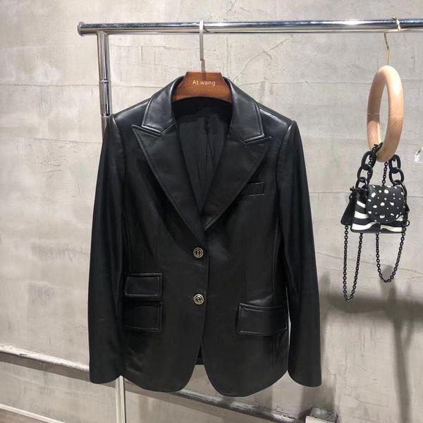 

women's leather & faux jacket spring casual style short coat real sheepskin clothes pocket collar, Black