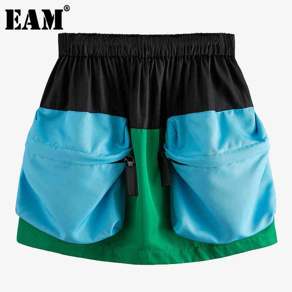 

[eam] high elastic waist blue contrast color split joint half-body skirt women fashion spring autumn wm23201 21512, Black