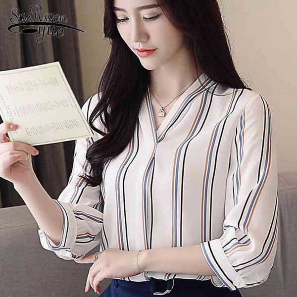 

autumn chiffon striped women clothes office lady shirts v neck and blouses blouse ol feminine blusas 0873 40 210521, White