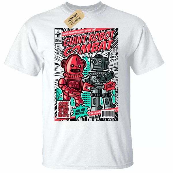 

giant robot combat shirt japanese comic man, White;black