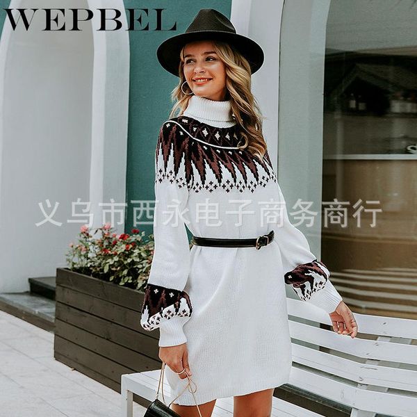 

casual dresses wepbel women turtle print knitted a-line neck pullover sweater geometric dress female autumn winter retro mini, Black;gray