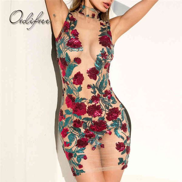 Verão floral bordado clube desgaste sexy partido transparente malha lantejoulas mini vestido robe femme 210415