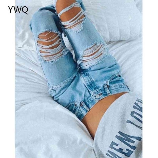 Грузовые брюки мамы джинсы разорваны для мешковатого с высокой талии мода синяя дырка прямые дамы широкие брюки ног 210809