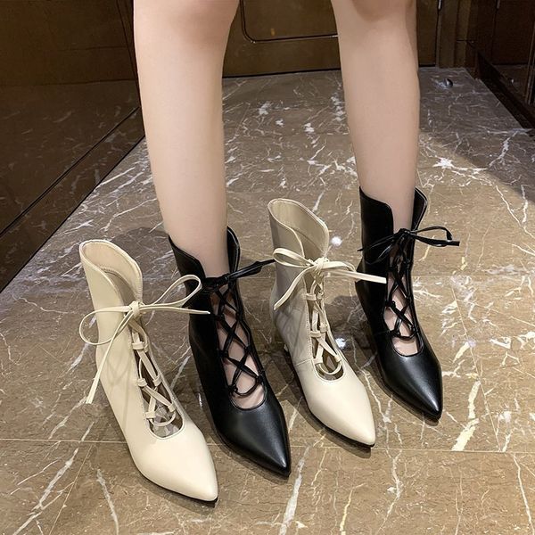 

luxury dress shoes pointed short boot's 2021 autumn and winter thin leisure breathable hollow out front lace up high heels fashion, Black