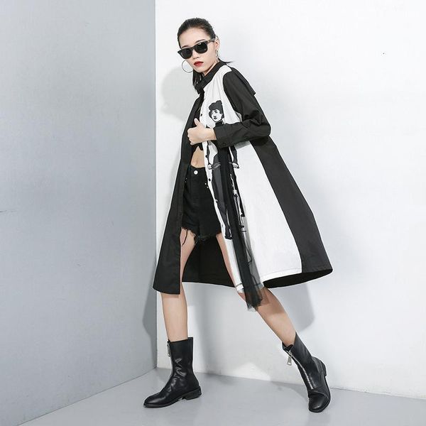 

[eam] women pattern printed mesh big size shirt lapel long sleeve loose fit fashion tide spring summer 1x950, Black;gray