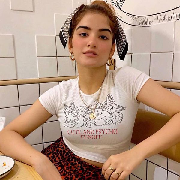 

women's t-shirt women fashion angel cartoon letter printed short sleeve elastic crop slim t shirts pullover, White