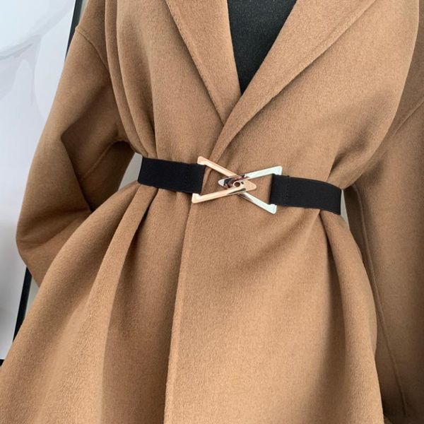 

belts wide triangle silver gold buckle elastic women stretch cinch waistband lady cummerband soft thick simple femme dress belt, Black;brown