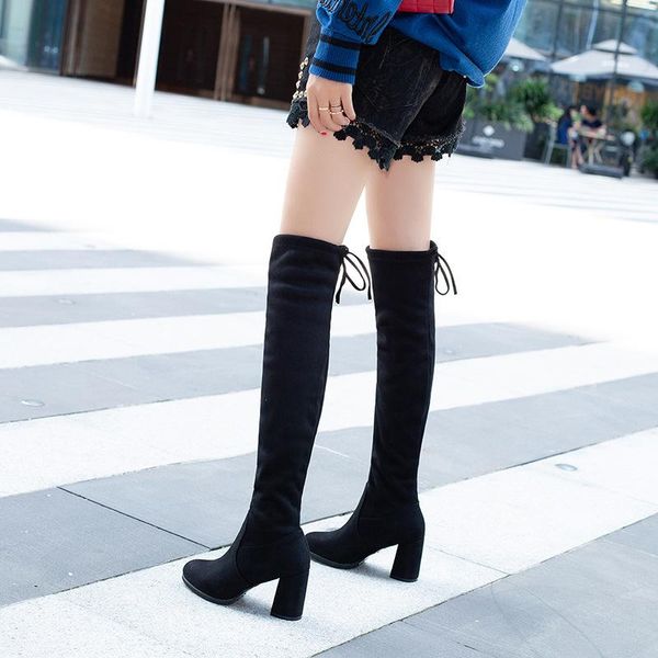 

boots knee high elastic oversized size autumn winter plush 41-43 and slim, Black