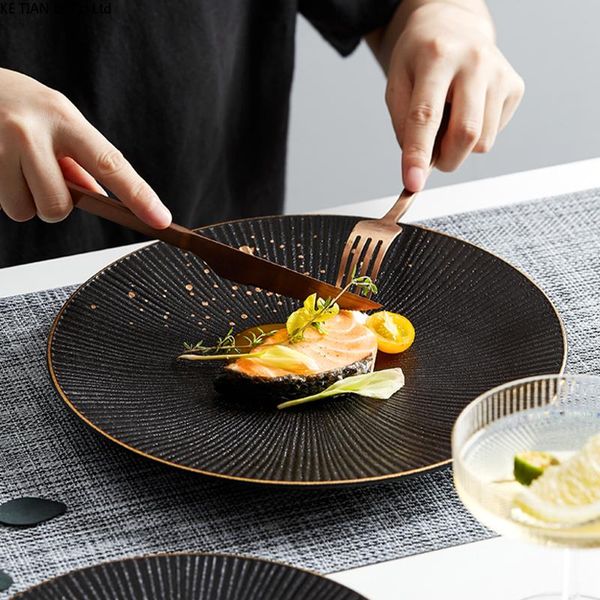 

dishes & plates european-style black phnom penh ceramic dinner plate western steak household round fruit dessert kitchen tableware