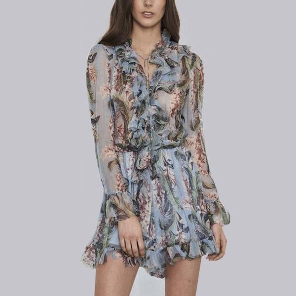 

women's jumpsuits & rompers [menkay] print playsuits female lace up v neck flare sleeve tunic high waist ruffles mini 2021 summer thin, Black;white