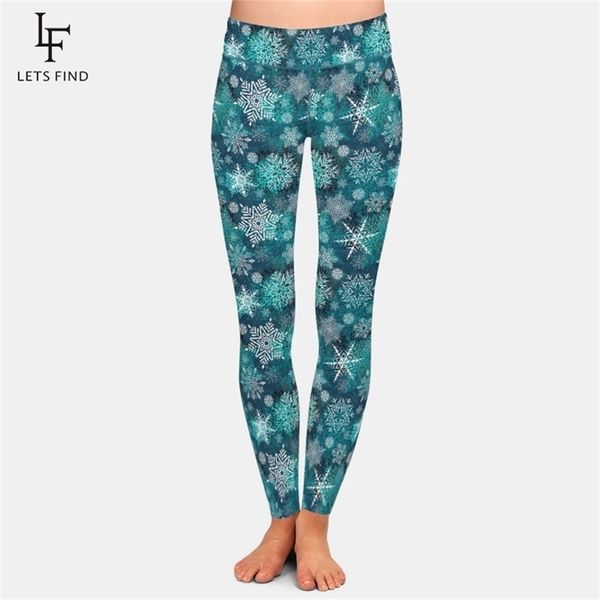 LETSFIND Beautiful 3D Christmas Snowflakes Pattern Stampa di seta al latte Leggings taglie forti Vita alta Fitness elastico 211204