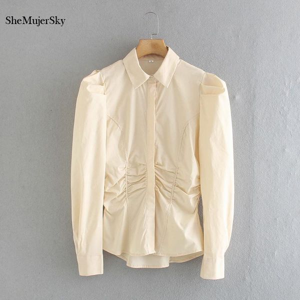 

shemujersky women long sleeve shirts ruched slim blouses spring autumn solid color ladies 2021 women's &, White