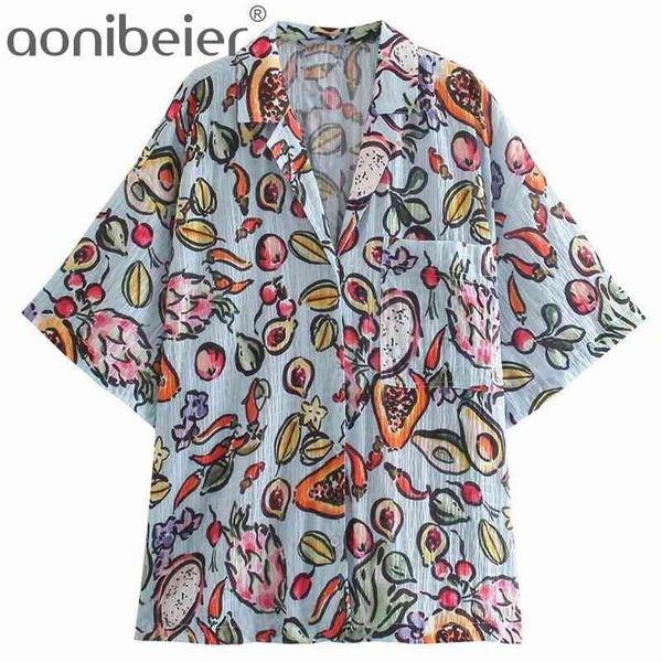 

fruit print summer texture loose shirt fashion notched collar pocket front folds back women casual long blouses female 210604, White