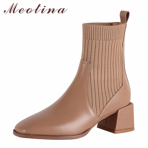 Genuine Couro Med Heel Ankle Boots Mulheres Chunky Sapatos Quadrado Toe Short Senhoras Outono Inverno Preto 40 210517