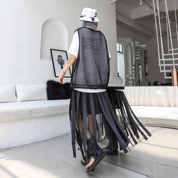 

xitao mesh hollow out print letter long skirt women tape elastic waist black casual a-line summer new korea wld1084 210323