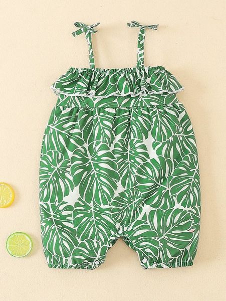 

baby tropical print ruffle trim bow shoulder cami romper she, Blue