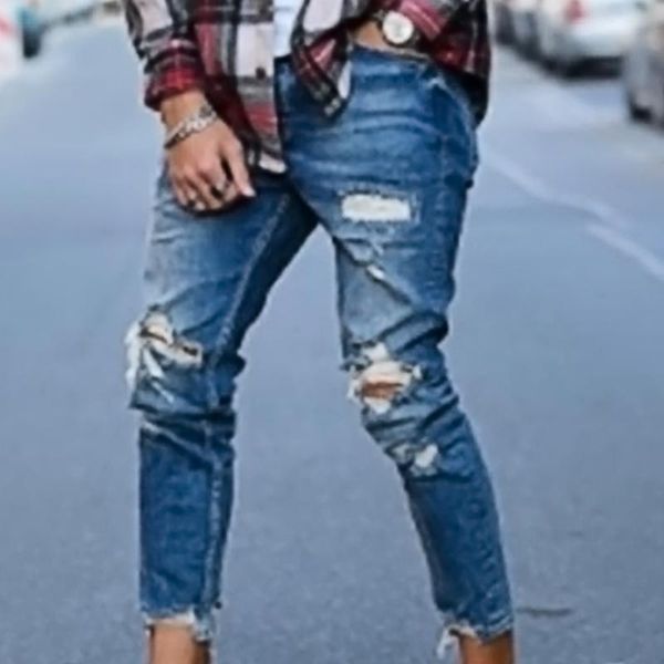 

men's jeans men clothing fashion ripped hole denim pants distressed blue casual mens