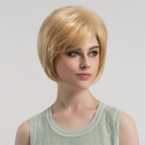 

blonde synthetic wig with bangs simulation human hair bobo wigs for white and black women perreques k81#