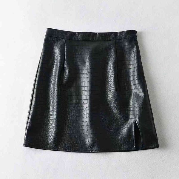 

casual dresses za 2021 women crocodile pattern mini skirt front metal zipper s female elegant faux leather short 2un6, Black;gray