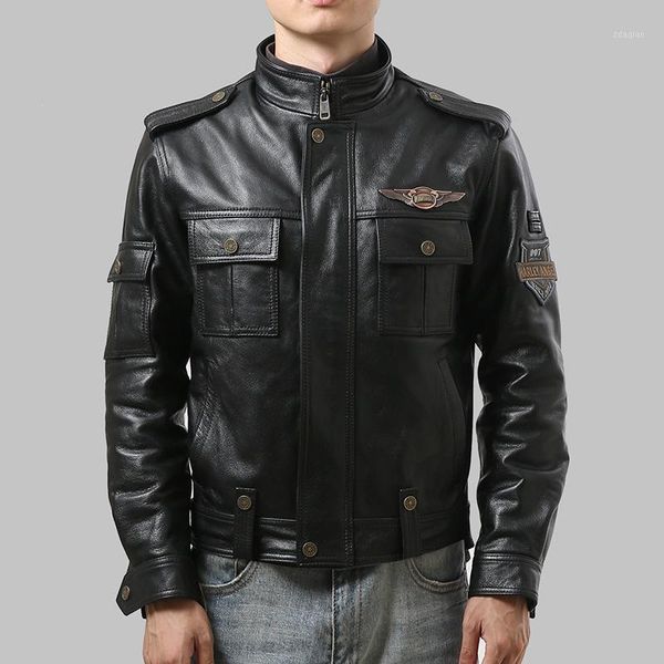 

men's leather & faux genuine header level kraft stand collar slim short motorcycle riding cow clothes jacket, Black