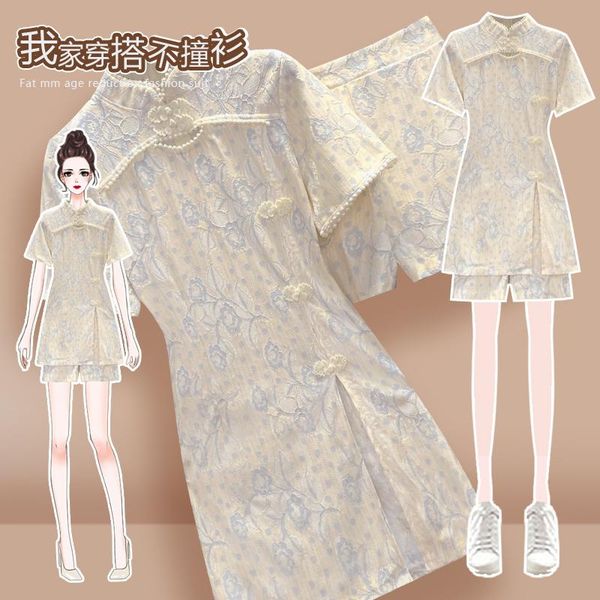 

women's tracksuits retro buckle beaded stand collar improved cheongsam slit pocket shorts pant women 2 piece chinese style summer cloth, Gray