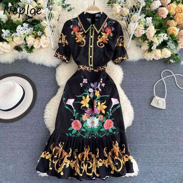 

neploe retro palace style print ruffles dress women elegant shirt collar femme vestidos chic button high waist dresses 95017 210422, Black;gray
