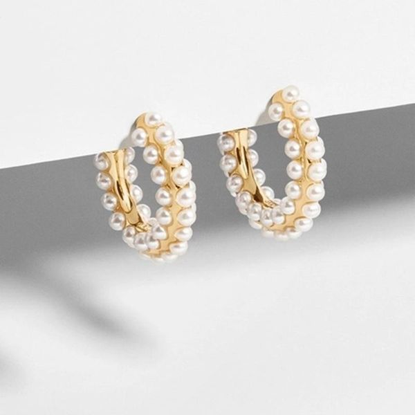 

hoop & huggie arrival jeweled imitation pearl small earrings for women, Golden;silver