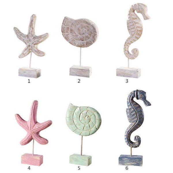 Artesanato De Madeira Mediterrâneo Casa Decoração Estátua Estrela Do Mar Conch Seahorse Estatuetas Estilo Náutico Tabela Esculturas Atacado
