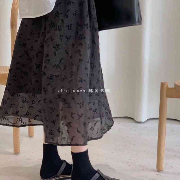 

korean-style three-dimensional locking small floral women skirt handle summer solid color chiffon full, Black