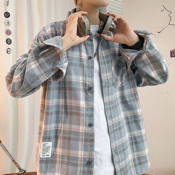 

spring and autumn youth loose large size color matching plaid long-sleeved shirt fashion casual blue/pink men's shirts, White;black