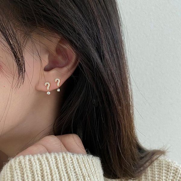 

stud creative simple question mark exclamation earrings for women small delicate zircon girls party jewelry, Golden;silver