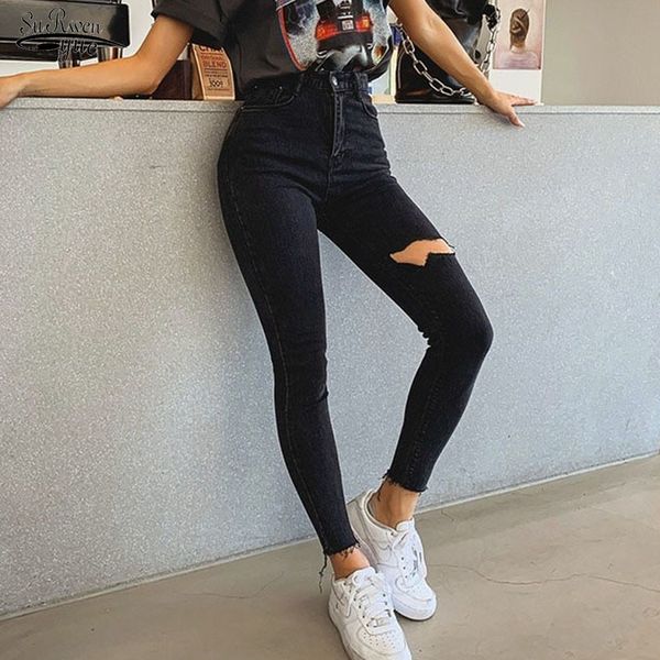 

pantalon high waist tassel ripped holes denim pants female trousers pencil jeans women skinny black 10401 210521, Blue