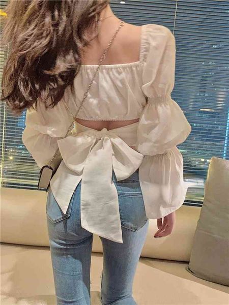 

women's polos summer elegant casual blouses women long sleeve backless bow vintage korean fashion sweey y2k shirts square collar 7e16, White