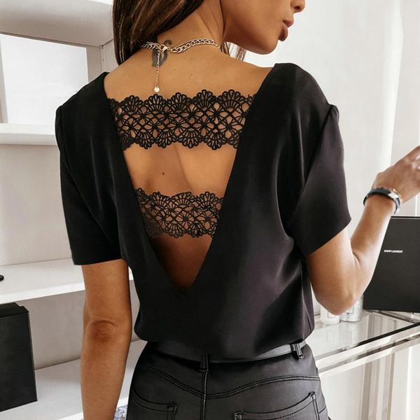 

aesthetic woman tshirts fashion women solid short sleeve lace hollow out slim ladies mujer camisetas femme t-shirts women's t-shir, White