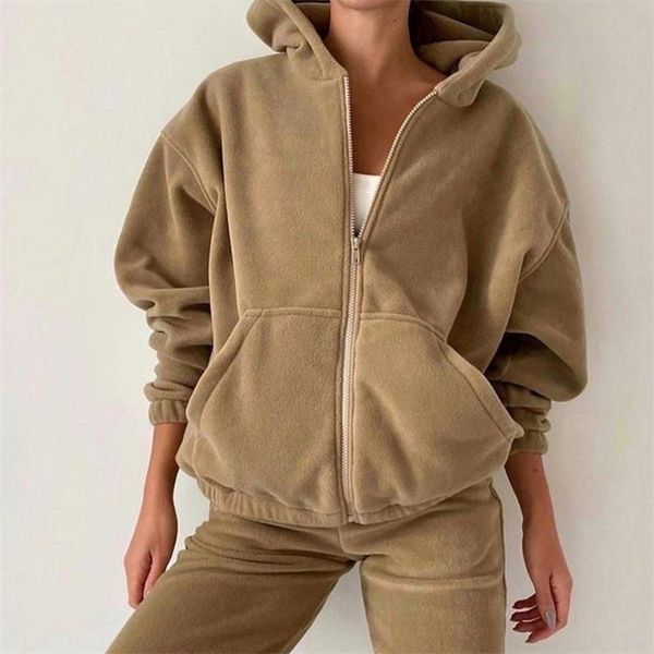 

casual women fleece hoodie two piece sets hooded zipper outerwear and harem pant suit autumn winter fashion streetwear tracksuit 220315, White