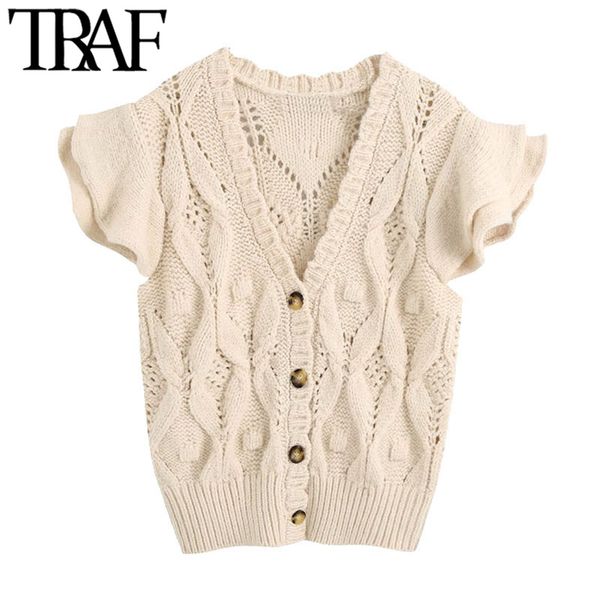 

traf women fashion with ruffles knitted vest sweater vintage v neck short sleeve button-up female waistcoat chic 210415, White