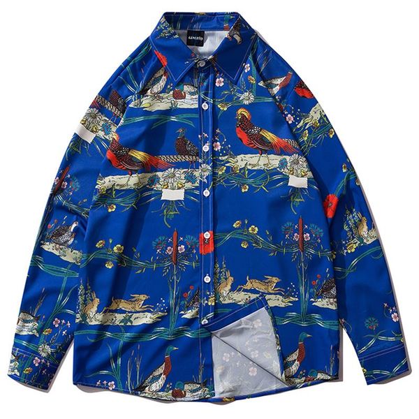 

mens hip hop hawaiian beach shirt animal flower print harajuku streetwear holiday casual long sleeve loose shirts blouse men's, White;black