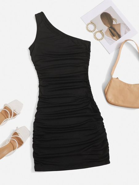 

one shoulder ruched bodycon dress i6ll#, Black;gray