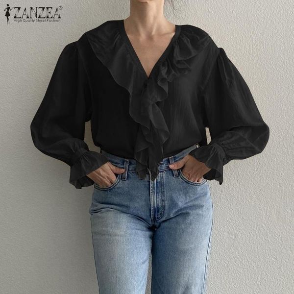 

women's blouses & shirts fashion casual solid puff sleeve women ruffle blouse 2022 autumn ol ladies v-neck blusa femininas overs, White