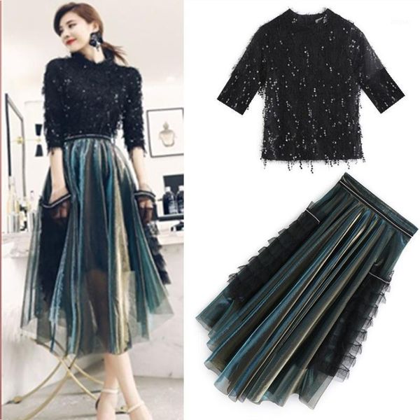 

two piece dress spring and autumn women's skirt suit sequins fringed blouse irregular ruffled flowing ns218, White