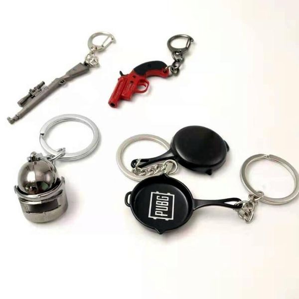 

keychains wholesale 20pcs/lot pubg mini signal pistol pan moved helmet 98k gun model keychain alloy key holders for player gifts, Silver