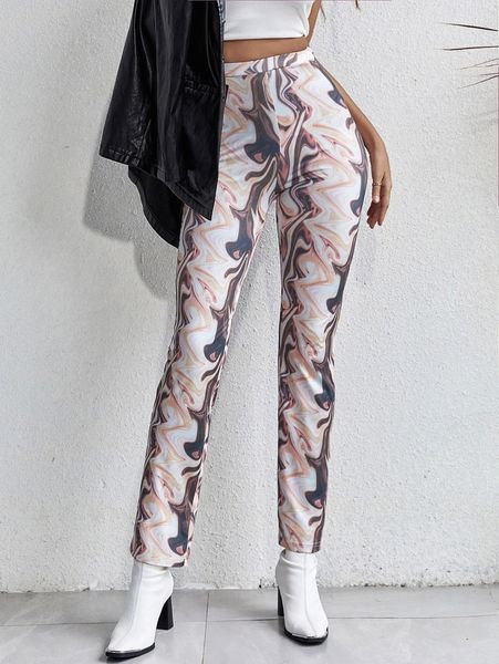 

high waist marble print pants 317g#, Black;white