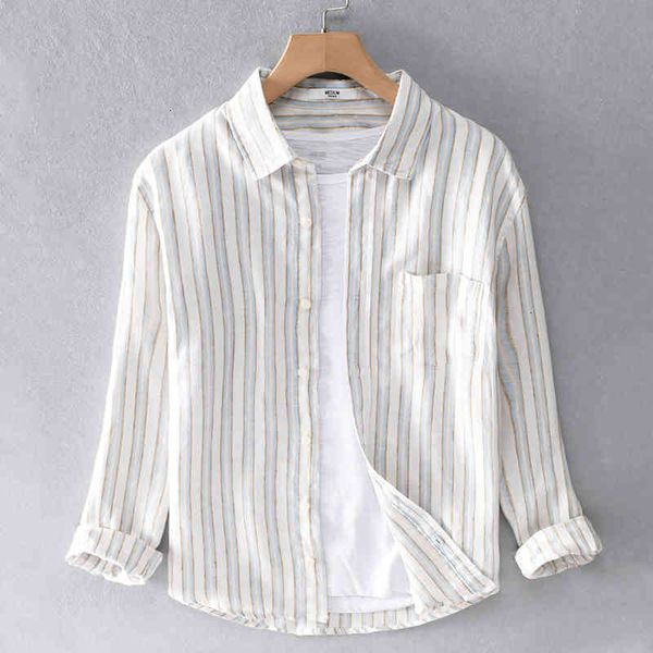 

men's t-shirts spring plaid linen stand collar loose leisure shirts for men fashion long-sleeved brand shirt mens chemise 6u37, White;black