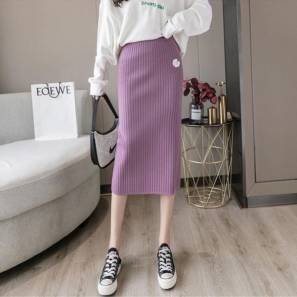 

daisy flower knit skirts women autumn winter 2021 fashion high waist elastic split ribbed warm midi skirt female vintage bodycon, Black