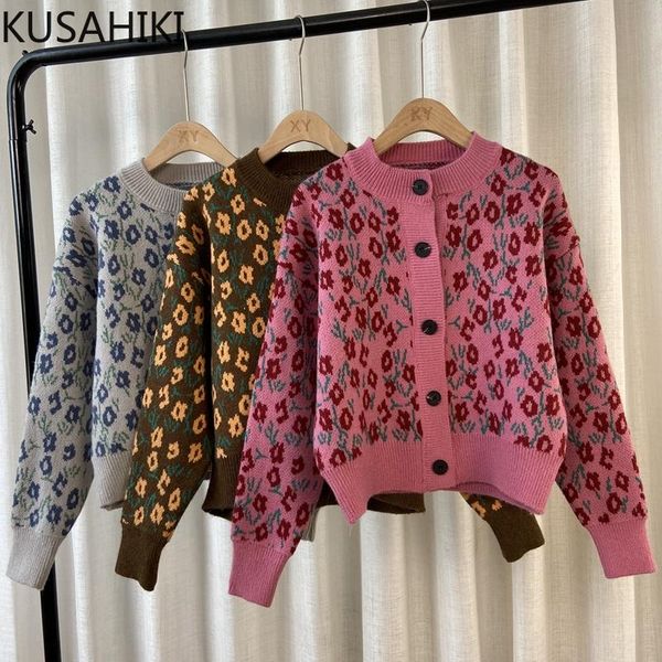 

women's knits & tees kusahiki floral o-neck single breasted sweater coat korean fashion autumn winter knitwear causal 2021 knitted card, White