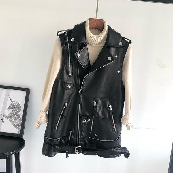 

women's leather & faux 2021 womens sheepskin jacket black vest mid-length motorcycle import casual