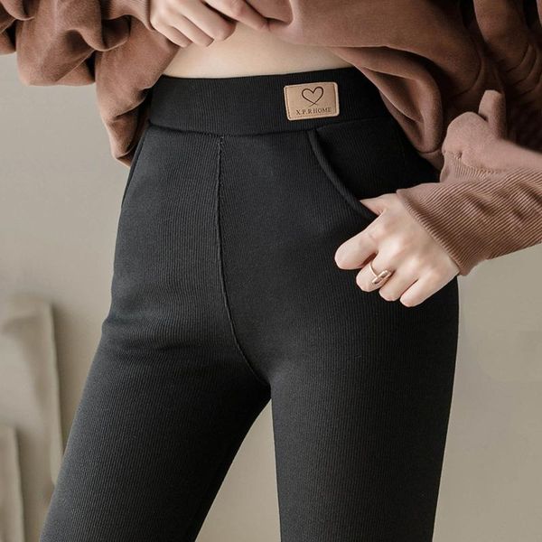 

women's pants & capris warm and thickened cashmere wear in winter high waist lamb leggings cold resistant trousers, Black;white