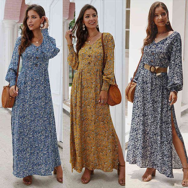 

casual dresses independent autumn and winter long sleeve v-neck floral dresses, Black;gray